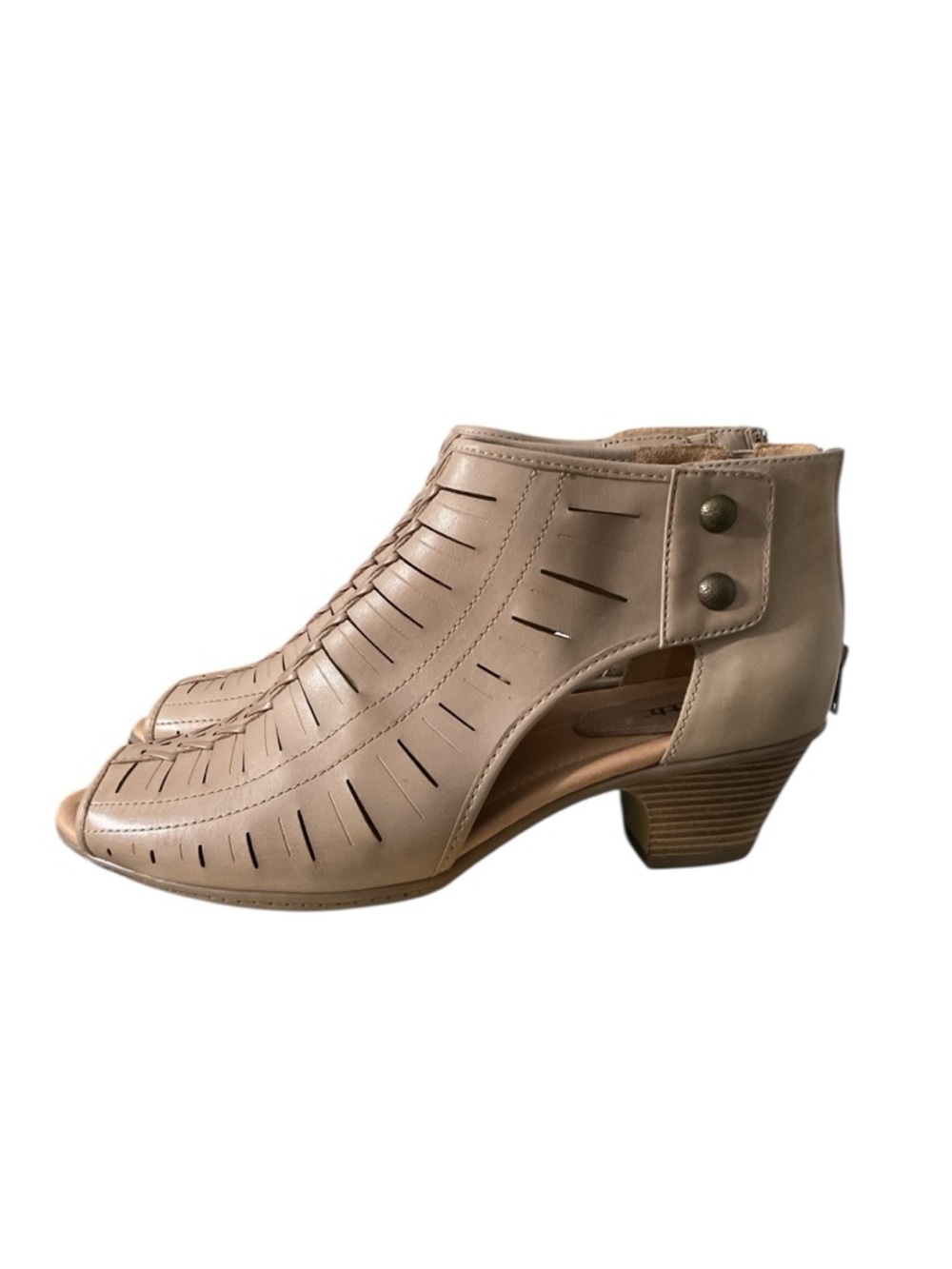 Earth “Vicki” Taupe Woven Peep-Toe Block Heel Sandal 2” Heel - Picture 4 of 6
